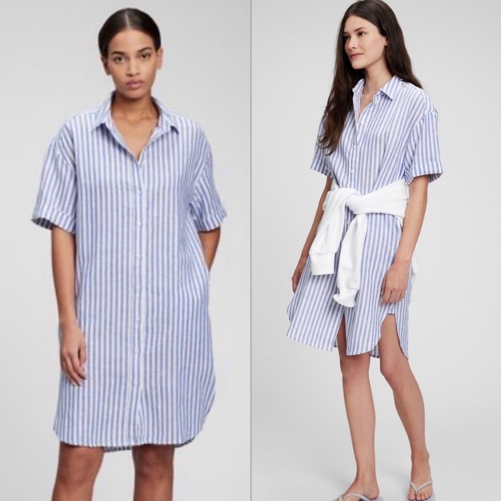 GAP linen cotton shirt dress blue stripe small